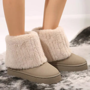 Camel faux fur platform ankle boots with a suede finish.