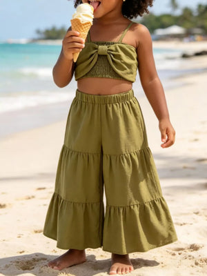 Children's Smocked Bow Cami And Pants Set in Olive, front view