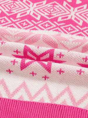 Pink and white fair isle knit sweater with a quarter zip detail.