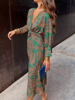 Printed V-neck Long Sleeve Twisted Midi Dress Plus Size in Dark Green, close-up detail