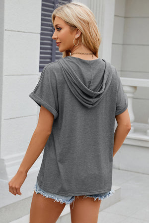 Dark Gray Henley Hooded Tee with rolled short sleeves and a casual fit.