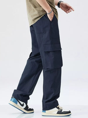 Men's dark blue wide-leg cargo sweatpants with multiple pockets.