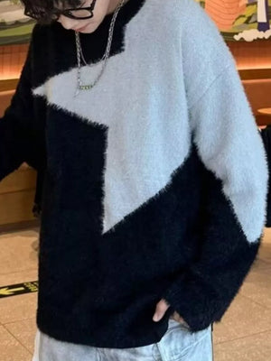 Men's black and white fuzzy knit geometric crew neck sweater.