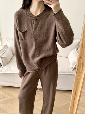 Taupe ribbed knit cardigan with pocket and matching wide leg pants set