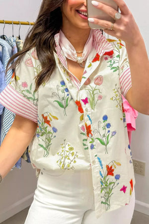 Charming floral print button-down shirt with ruffled collar and pink striped short sleeves.
