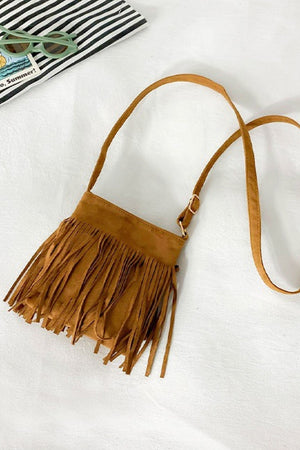 Brown suede crossbody bag with fringe detail and adjustable strap
