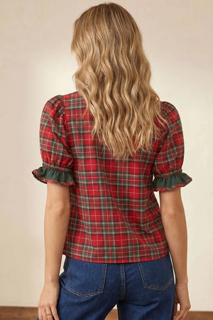 Plaid V Neck Ruffle Color Block Shirt in Rust, side view