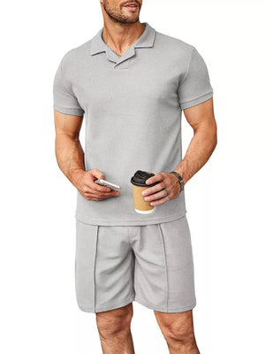 Men's Casual Short Sleeve Polo And Shorts Set in Royal Blue, close-up detail