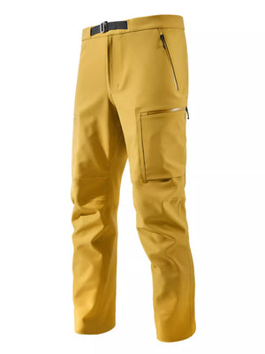 Yellow cargo sweatpants with zippered pockets and a belt.