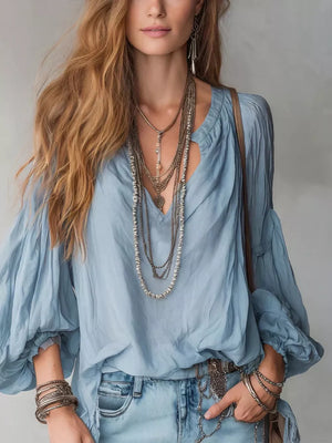 Notched Balloon Sleeve Blouse in Black, close-up detail