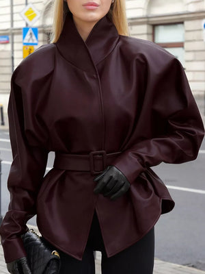 Stand Collar Belted Faux Leather Jacket in Wine Red, product detail