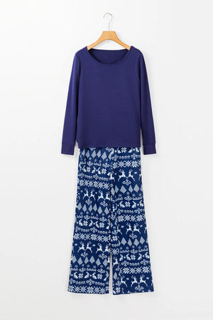 Navy lounge set with festive print pants and long sleeve top