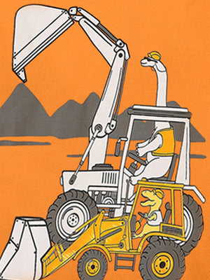 Toddler t-shirt with orange background and excavator graphic. Features cartoon dinosaurs operating construction vehicles.