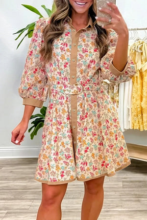 Floral print button down mini dress with color block trim and belt