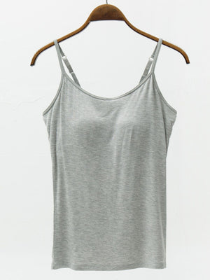 Gray camisole with adjustable straps and built-in support.