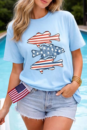 Light blue t-shirt with patriotic fish graphic, American flag details.