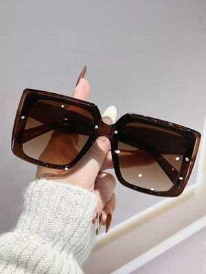 Oversized square gradient sunglasses in coffee brown with embellished frames.