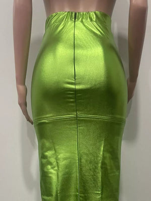 Glistening lime green high-waisted maxi skirt with a bodycon fit and back zipper detail.
