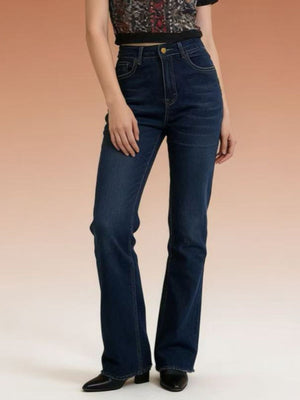 Dark wash denim maternity bootcut jeans with a high waist and button closure.