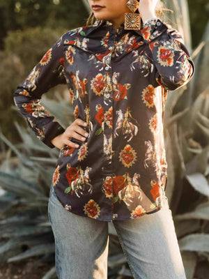 Black button-up maternity shirt with a rodeo horse and floral print, long sleeves.