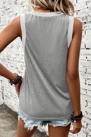 Textured dark gray sleeveless V-neck tank top with white ribbed trim.