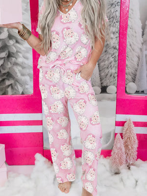 Festive Santa print V-neck pajama set for women, cozy and casual with drawstring.