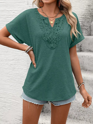 Dark green relaxed fit t-shirt with lace neckline detail and cuffed short sleeves.