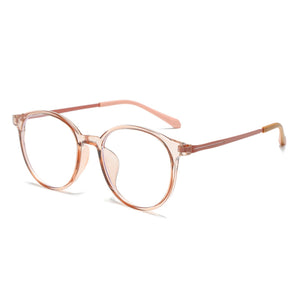 Lightweight round acetate glasses with clear lenses and peach frames.