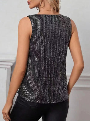 Black sequin tank top with a drape neckline and sleeveless cut.