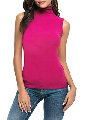 Sleeveless turtleneck t-shirt in Paohong pink, fitted silhouette, casual basic style.