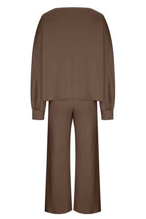 Brown wide-leg lounge set with balloon sleeves and crew neck top