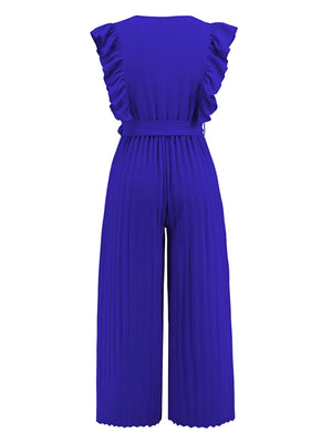 Pleated ruffle wrap jumpsuit in dark blue with adjustable belt and wide legs.