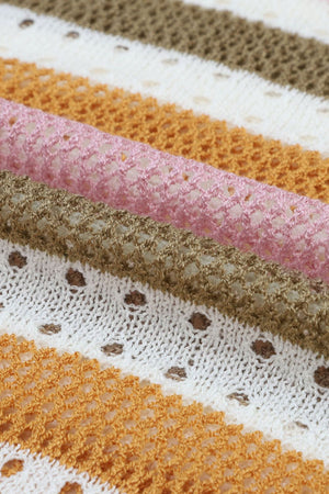 Openwork stripe crewneck sweater in acrylic with white, pink, tan, and orange stripes.