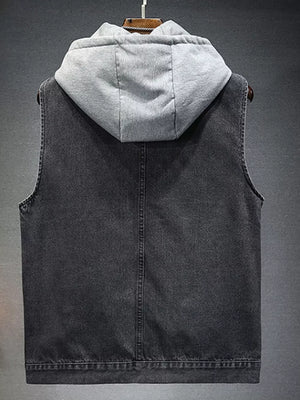 Black denim hooded vest with grey fleece hood and contrast stitching.