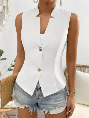 White button-down vest with sculpted lapel and two buttons, styled with denim shorts.