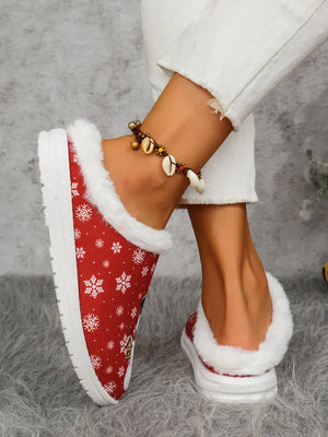 Red sherpa lined holiday slides with snowman and snowflake print