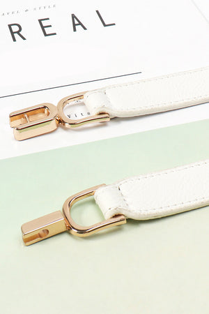 White elasticated hook-clasp waist belt with gold-tone alloy hardware.