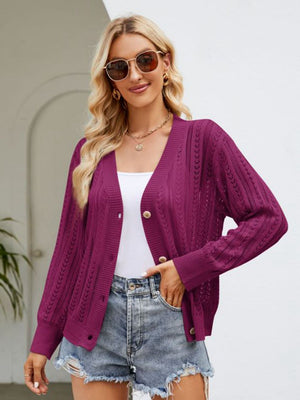 Deep purple open knit button cardigan with ribbed trim and gold buttons.