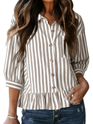 Button-down shirt with ruffle hem in khaki and white stripes, 3/4 sleeves, and a chest pocket.