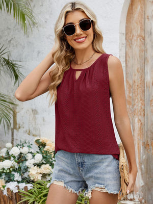 Burgundy perforated keyhole tank top with a textured pattern and gathered neckline.