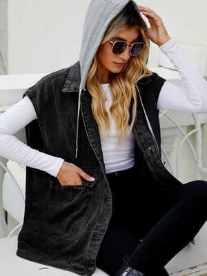 Sleeveless dark denim utility vest with gray hood and chest pockets