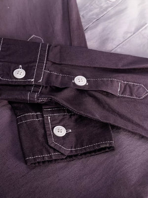 Men's gradient long sleeve cotton shirt in brown with white contrast stitching and buttons.