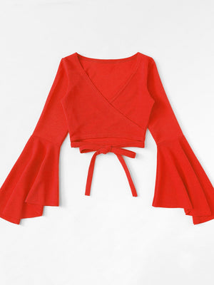 Red wrap crop top with bell sleeves and tie waist