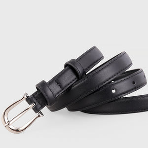 Black leather skinny belt with silver buckle and keeper loop