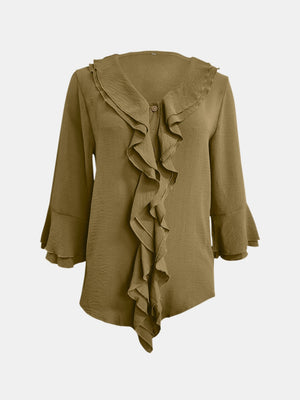 Olive green linen blend blouse with ruffled neckline and flared sleeves.