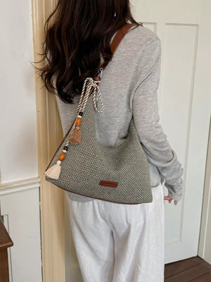 Tassel Woven Shoulder Bag in Sky Blue, fabric detail