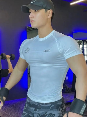 White crew neck athletic t-shirt with HDEX logo and graphic detail.