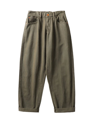 Plus-size army green cotton wide-leg trousers with cuffed hems and elastic waistband.
