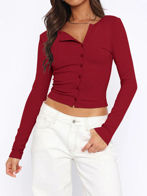 Burgundy ribbed button-down crop top with long sleeves