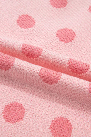 Pink polka dot knit cardigan with textured fabric detail